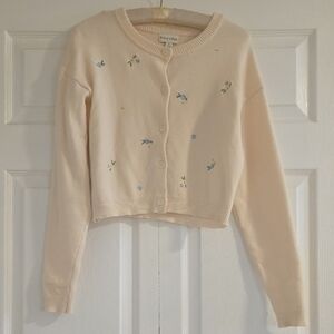Riley & Rae Cream Cropped Cardigan with Blue & Yellow Embroidery